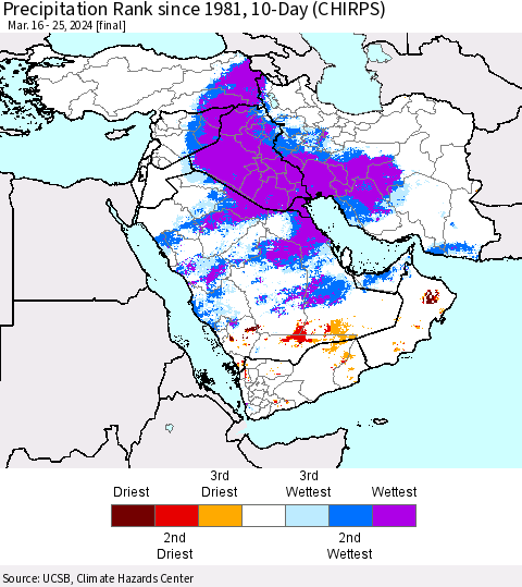 Middle East and Turkey Precipitation Rank since 1981, 10-Day (CHIRPS) Thematic Map For 3/16/2024 - 3/25/2024