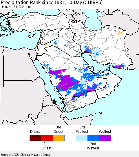 Middle East and Turkey Precipitation Rank since 1981, 10-Day (CHIRPS) Thematic Map For 3/21/2024 - 3/31/2024