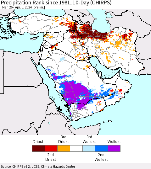 Middle East and Turkey Precipitation Rank since 1981, 10-Day (CHIRPS) Thematic Map For 3/26/2024 - 4/5/2024