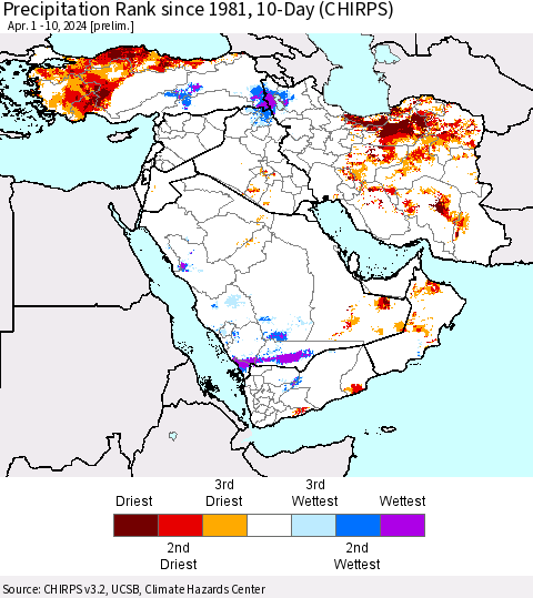 Middle East and Turkey Precipitation Rank since 1981, 10-Day (CHIRPS) Thematic Map For 4/1/2024 - 4/10/2024