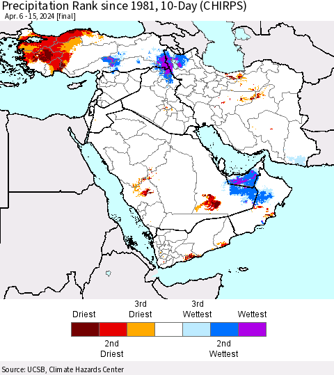 Middle East and Turkey Precipitation Rank since 1981, 10-Day (CHIRPS) Thematic Map For 4/6/2024 - 4/15/2024