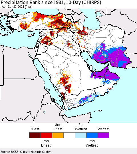 Middle East and Turkey Precipitation Rank since 1981, 10-Day (CHIRPS) Thematic Map For 4/11/2024 - 4/20/2024