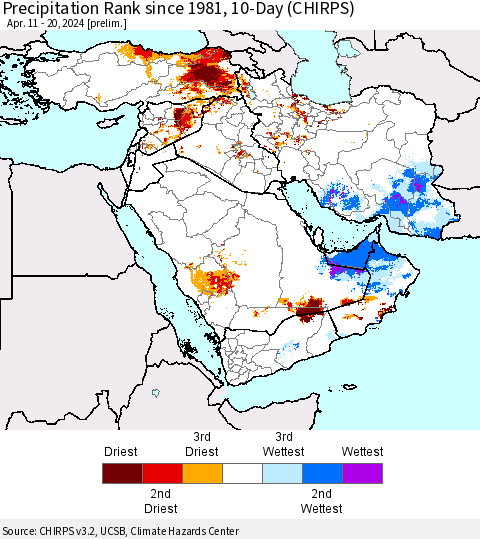 Middle East and Turkey Precipitation Rank since 1981, 10-Day (CHIRPS) Thematic Map For 4/11/2024 - 4/20/2024