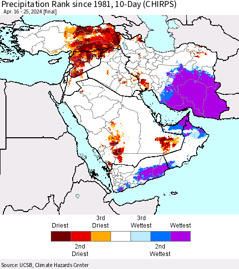 Middle East and Turkey Precipitation Rank since 1981, 10-Day (CHIRPS) Thematic Map For 4/16/2024 - 4/25/2024