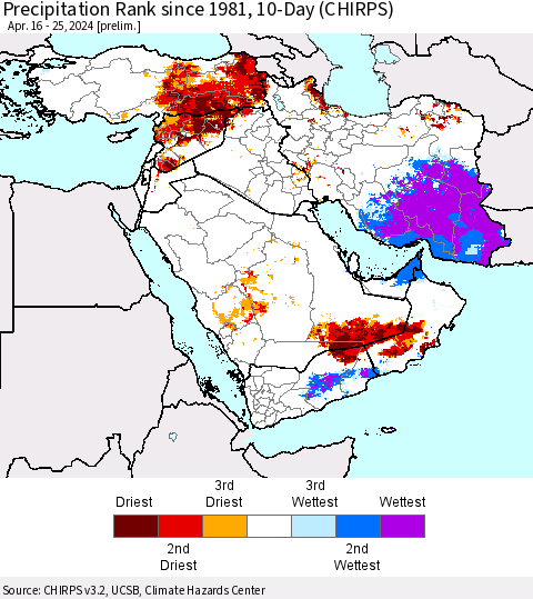 Middle East and Turkey Precipitation Rank since 1981, 10-Day (CHIRPS) Thematic Map For 4/16/2024 - 4/25/2024