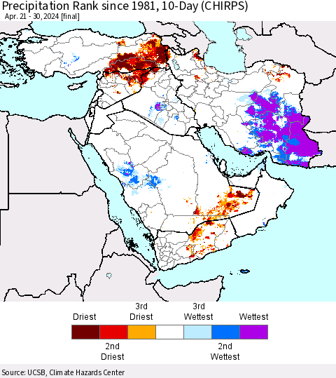 Middle East and Turkey Precipitation Rank since 1981, 10-Day (CHIRPS) Thematic Map For 4/21/2024 - 4/30/2024