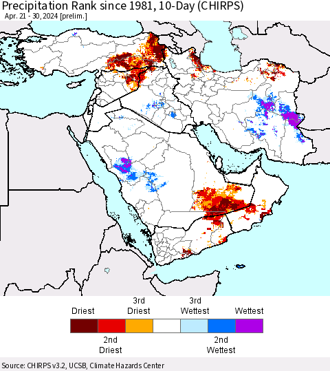 Middle East and Turkey Precipitation Rank since 1981, 10-Day (CHIRPS) Thematic Map For 4/21/2024 - 4/30/2024