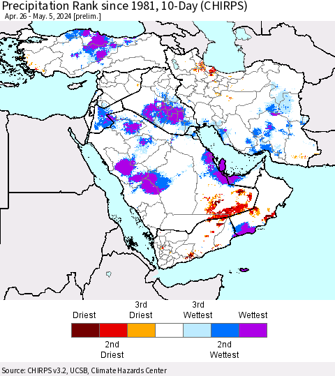 Middle East and Turkey Precipitation Rank since 1981, 10-Day (CHIRPS) Thematic Map For 4/26/2024 - 5/5/2024