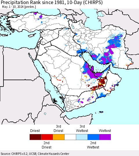Middle East and Turkey Precipitation Rank since 1981, 10-Day (CHIRPS) Thematic Map For 5/1/2024 - 5/10/2024