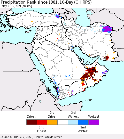 Middle East and Turkey Precipitation Rank since 1981, 10-Day (CHIRPS) Thematic Map For 5/6/2024 - 5/15/2024