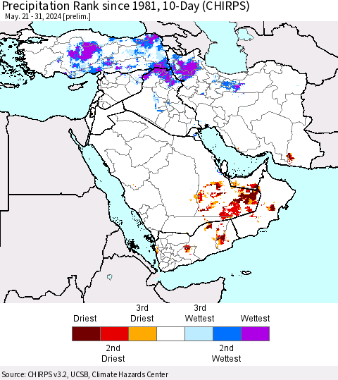 Middle East and Turkey Precipitation Rank since 1981, 10-Day (CHIRPS) Thematic Map For 5/21/2024 - 5/31/2024
