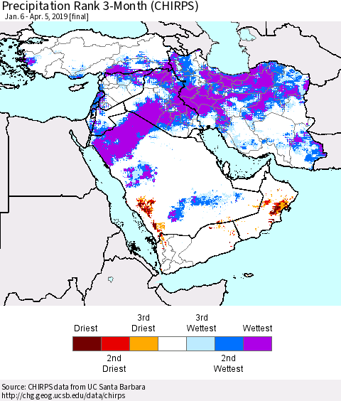 Middle East and Turkey Precipitation Rank since 1981, 3-Month (CHIRPS) Thematic Map For 1/6/2019 - 4/5/2019