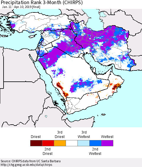 Middle East and Turkey Precipitation Rank since 1981, 3-Month (CHIRPS) Thematic Map For 1/11/2019 - 4/10/2019