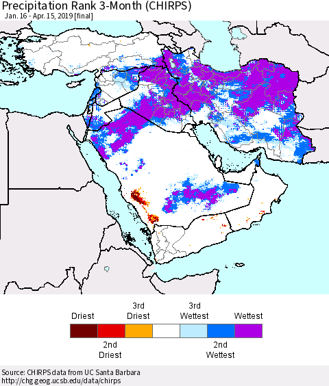 Middle East and Turkey Precipitation Rank since 1981, 3-Month (CHIRPS) Thematic Map For 1/16/2019 - 4/15/2019