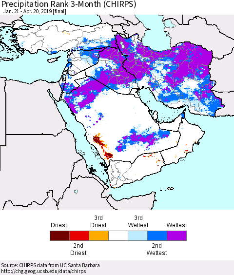 Middle East and Turkey Precipitation Rank since 1981, 3-Month (CHIRPS) Thematic Map For 1/21/2019 - 4/20/2019
