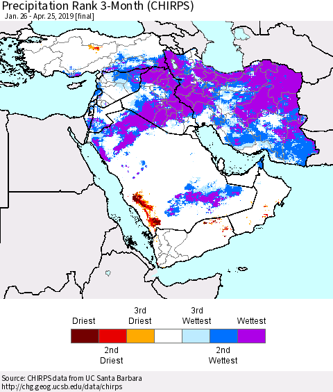 Middle East and Turkey Precipitation Rank since 1981, 3-Month (CHIRPS) Thematic Map For 1/26/2019 - 4/25/2019