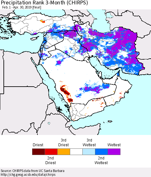 Middle East and Turkey Precipitation Rank since 1981, 3-Month (CHIRPS) Thematic Map For 2/1/2019 - 4/30/2019