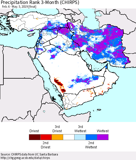 Middle East and Turkey Precipitation Rank since 1981, 3-Month (CHIRPS) Thematic Map For 2/6/2019 - 5/5/2019