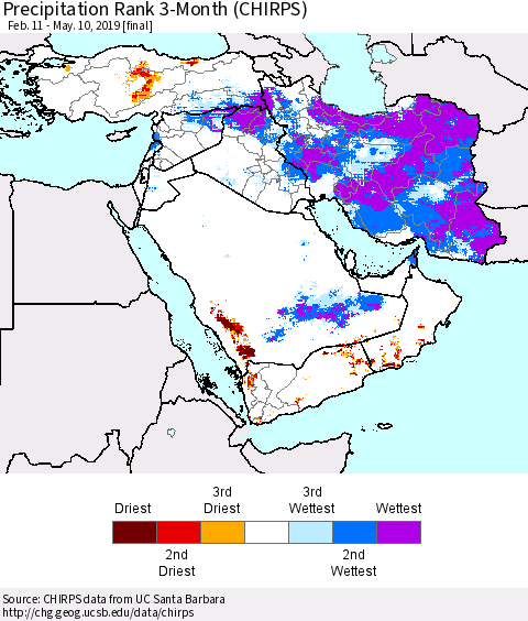 Middle East and Turkey Precipitation Rank since 1981, 3-Month (CHIRPS) Thematic Map For 2/11/2019 - 5/10/2019