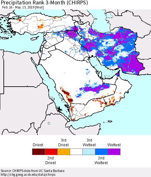 Middle East and Turkey Precipitation Rank since 1981, 3-Month (CHIRPS) Thematic Map For 2/16/2019 - 5/15/2019