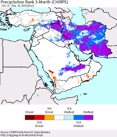 Middle East and Turkey Precipitation Rank since 1981, 3-Month (CHIRPS) Thematic Map For 2/21/2019 - 5/20/2019