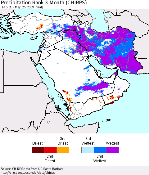 Middle East and Turkey Precipitation Rank since 1981, 3-Month (CHIRPS) Thematic Map For 2/26/2019 - 5/25/2019