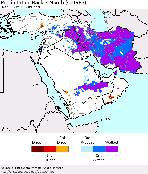 Middle East and Turkey Precipitation Rank since 1981, 3-Month (CHIRPS) Thematic Map For 3/1/2019 - 5/31/2019