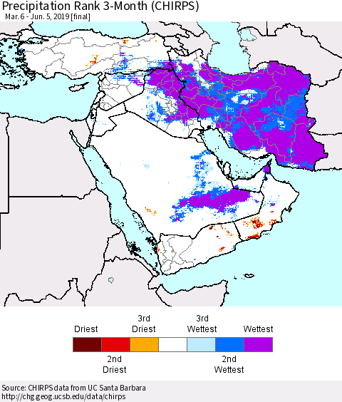 Middle East and Turkey Precipitation Rank since 1981, 3-Month (CHIRPS) Thematic Map For 3/6/2019 - 6/5/2019