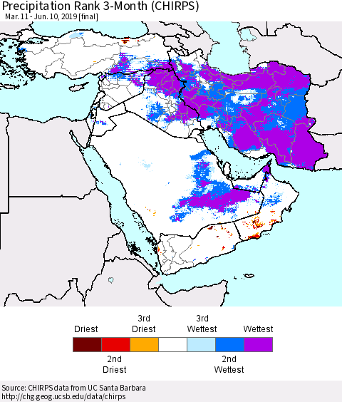 Middle East and Turkey Precipitation Rank since 1981, 3-Month (CHIRPS) Thematic Map For 3/11/2019 - 6/10/2019