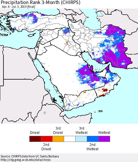 Middle East and Turkey Precipitation Rank since 1981, 3-Month (CHIRPS) Thematic Map For 4/6/2019 - 7/5/2019