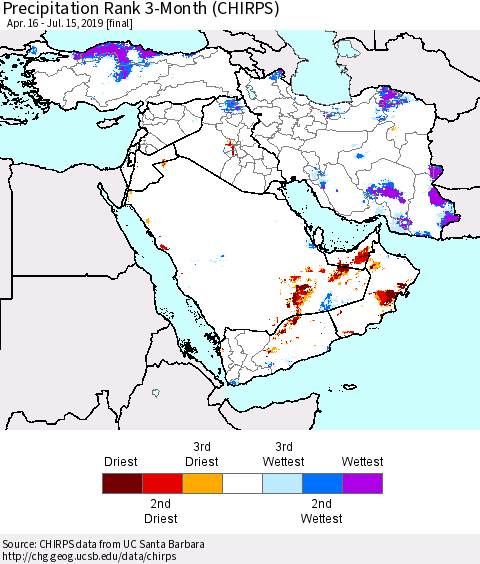Middle East and Turkey Precipitation Rank since 1981, 3-Month (CHIRPS) Thematic Map For 4/16/2019 - 7/15/2019