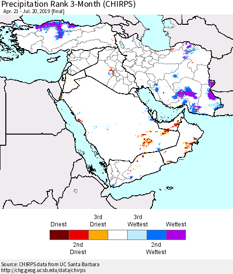 Middle East and Turkey Precipitation Rank since 1981, 3-Month (CHIRPS) Thematic Map For 4/21/2019 - 7/20/2019