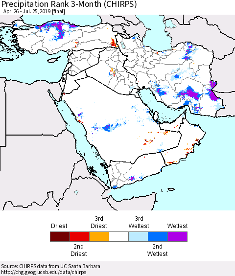 Middle East and Turkey Precipitation Rank since 1981, 3-Month (CHIRPS) Thematic Map For 4/26/2019 - 7/25/2019