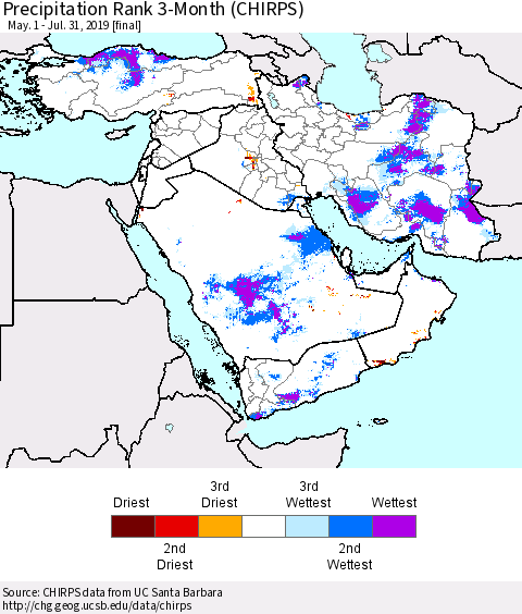 Middle East and Turkey Precipitation Rank since 1981, 3-Month (CHIRPS) Thematic Map For 5/1/2019 - 7/31/2019