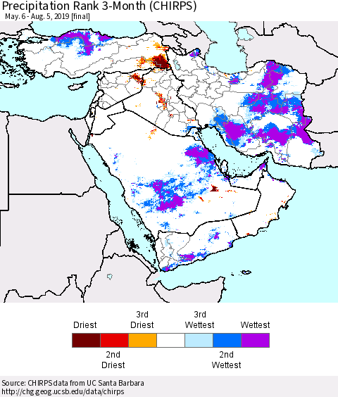 Middle East and Turkey Precipitation Rank since 1981, 3-Month (CHIRPS) Thematic Map For 5/6/2019 - 8/5/2019