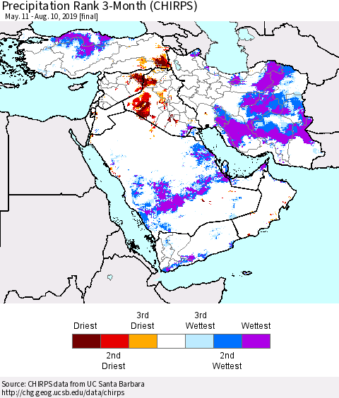 Middle East and Turkey Precipitation Rank since 1981, 3-Month (CHIRPS) Thematic Map For 5/11/2019 - 8/10/2019