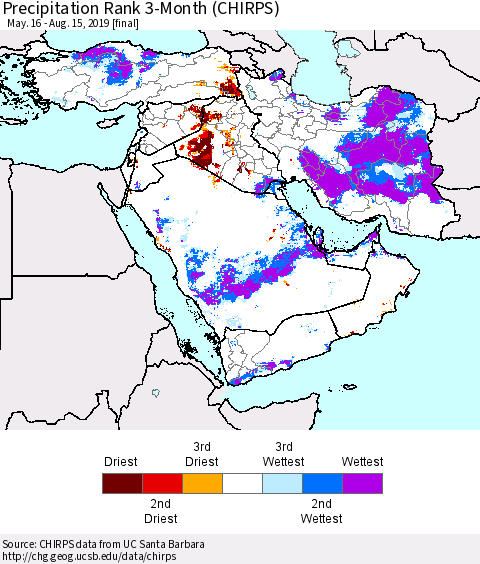 Middle East and Turkey Precipitation Rank since 1981, 3-Month (CHIRPS) Thematic Map For 5/16/2019 - 8/15/2019