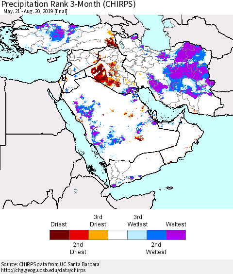 Middle East and Turkey Precipitation Rank since 1981, 3-Month (CHIRPS) Thematic Map For 5/21/2019 - 8/20/2019