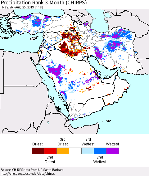 Middle East and Turkey Precipitation Rank since 1981, 3-Month (CHIRPS) Thematic Map For 5/26/2019 - 8/25/2019