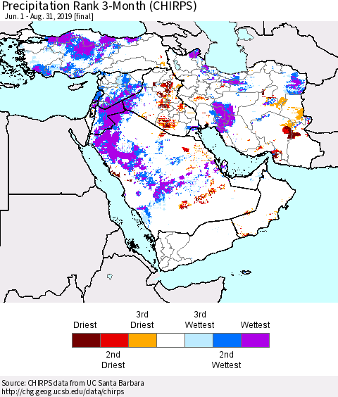Middle East and Turkey Precipitation Rank since 1981, 3-Month (CHIRPS) Thematic Map For 6/1/2019 - 8/31/2019