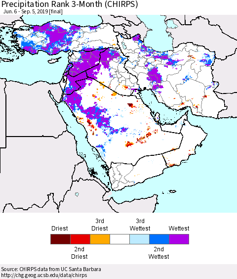 Middle East and Turkey Precipitation Rank since 1981, 3-Month (CHIRPS) Thematic Map For 6/6/2019 - 9/5/2019