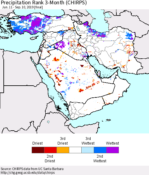 Middle East and Turkey Precipitation Rank since 1981, 3-Month (CHIRPS) Thematic Map For 6/11/2019 - 9/10/2019