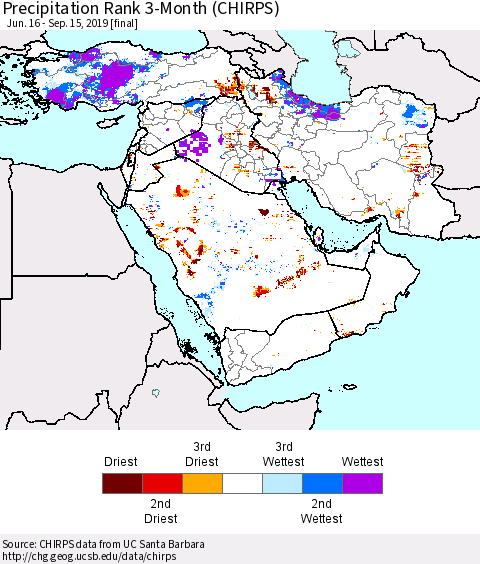 Middle East and Turkey Precipitation Rank since 1981, 3-Month (CHIRPS) Thematic Map For 6/16/2019 - 9/15/2019