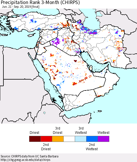 Middle East and Turkey Precipitation Rank since 1981, 3-Month (CHIRPS) Thematic Map For 6/21/2019 - 9/20/2019