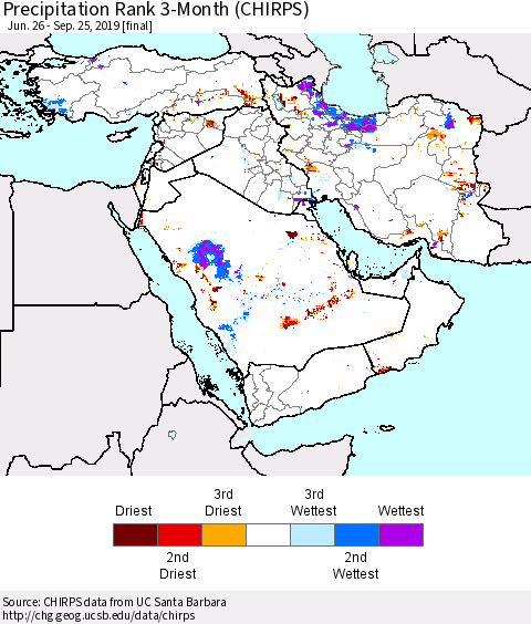 Middle East and Turkey Precipitation Rank since 1981, 3-Month (CHIRPS) Thematic Map For 6/26/2019 - 9/25/2019