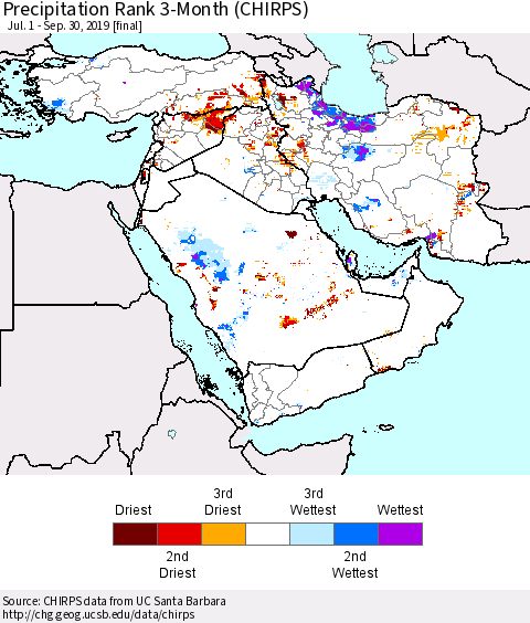 Middle East and Turkey Precipitation Rank since 1981, 3-Month (CHIRPS) Thematic Map For 7/1/2019 - 9/30/2019