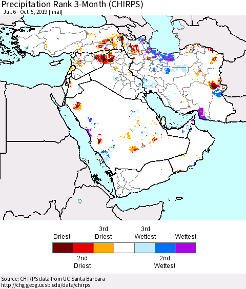 Middle East and Turkey Precipitation Rank since 1981, 3-Month (CHIRPS) Thematic Map For 7/6/2019 - 10/5/2019