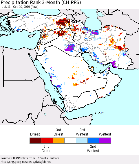 Middle East and Turkey Precipitation Rank since 1981, 3-Month (CHIRPS) Thematic Map For 7/11/2019 - 10/10/2019