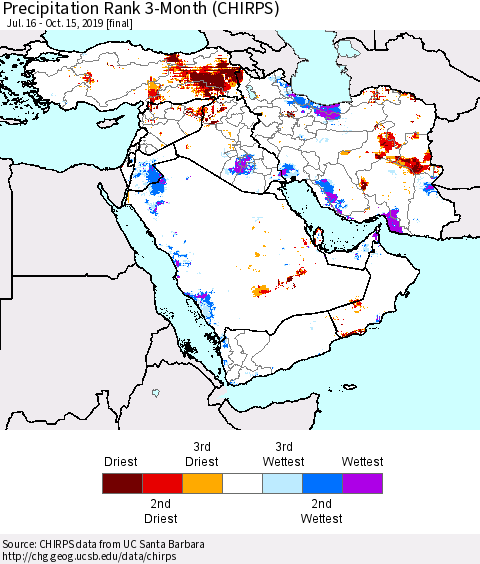 Middle East and Turkey Precipitation Rank since 1981, 3-Month (CHIRPS) Thematic Map For 7/16/2019 - 10/15/2019