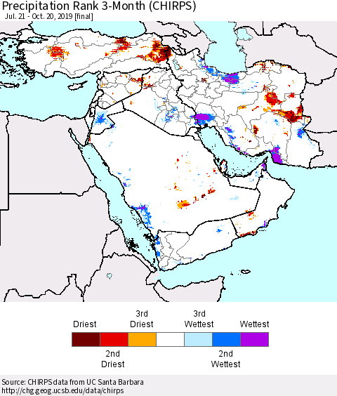 Middle East and Turkey Precipitation Rank since 1981, 3-Month (CHIRPS) Thematic Map For 7/21/2019 - 10/20/2019